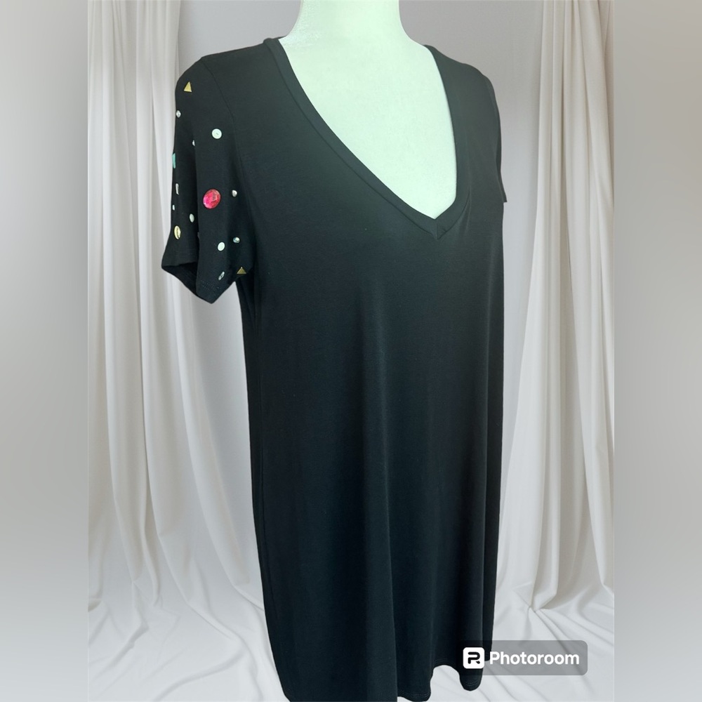 Michael Lauren Revolve Black V-Neck Mini T-Shirt Dress w Custom Jeweled Sleeves